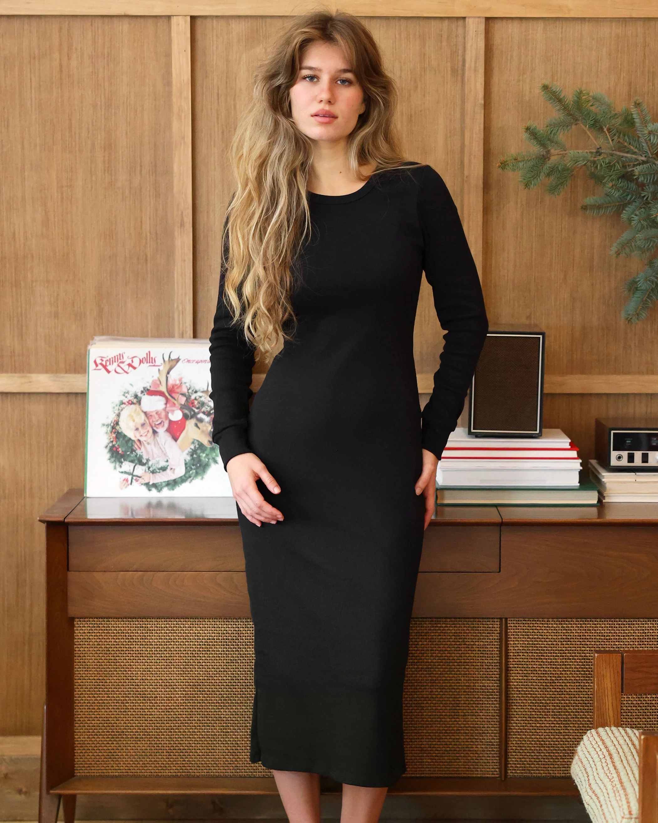 Fine Ribbed Long Sleeve Dress Black - Image 7