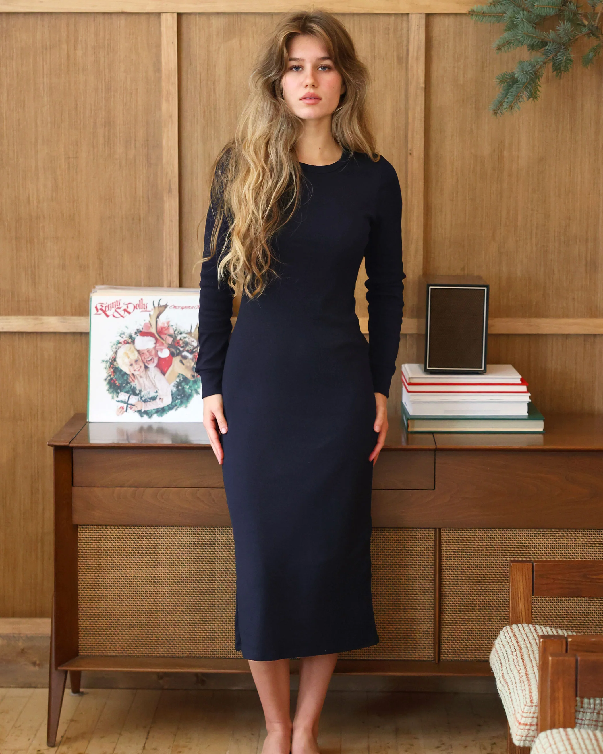 Fine Ribbed Long Sleeve Dress Navy - Image 6