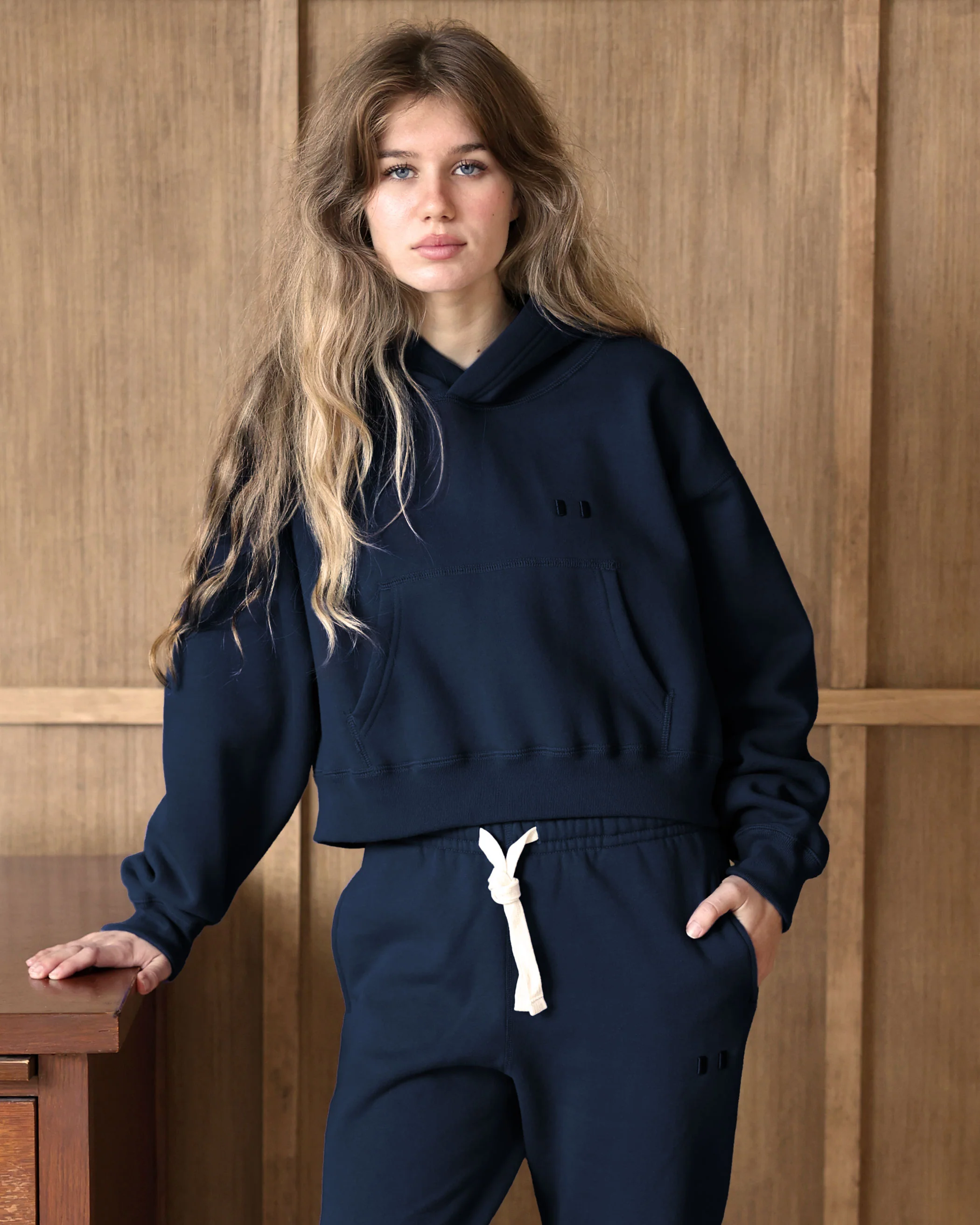 Flag Fleece Crop Hoodie Navy - Image 2