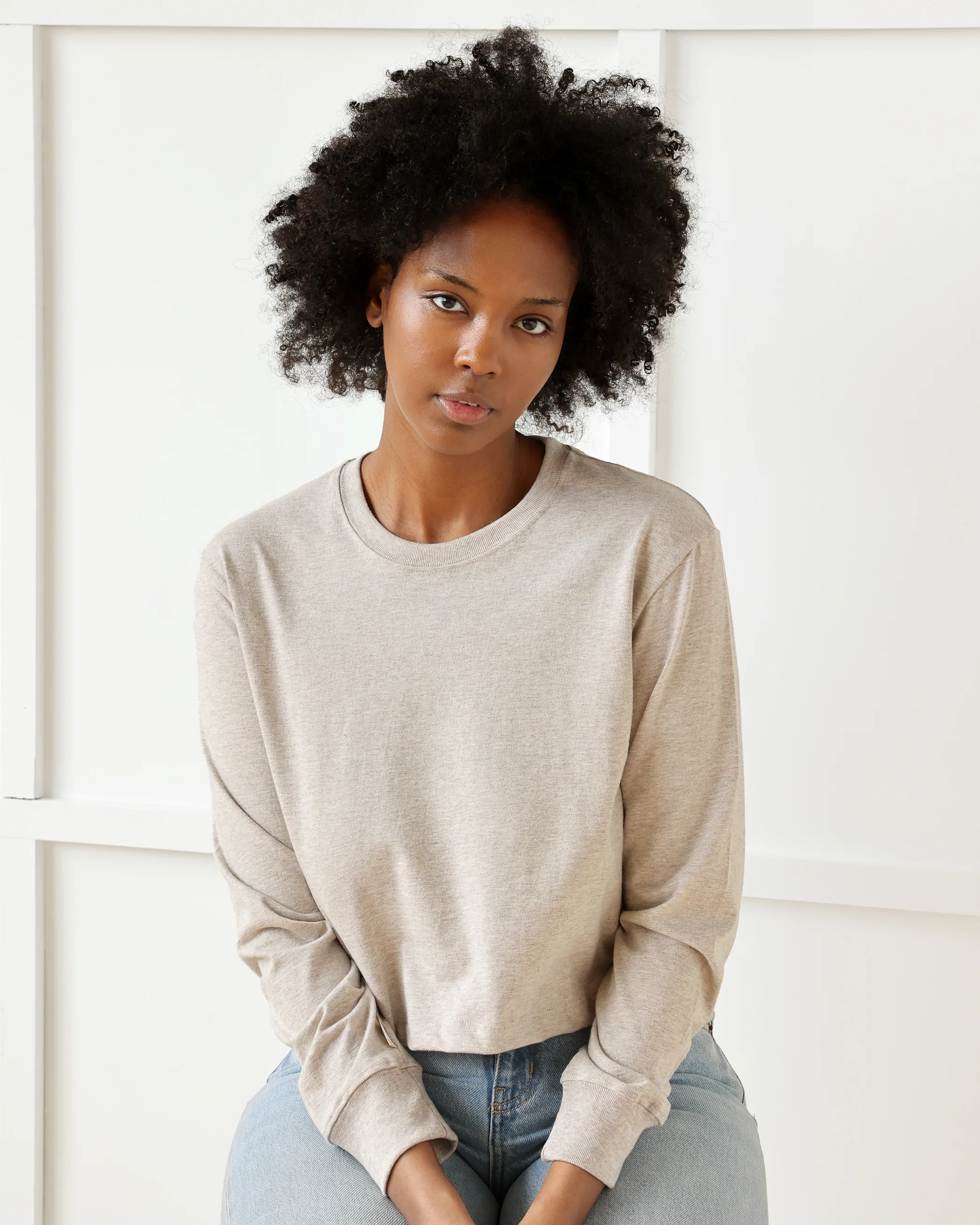 Monday Long Sleeve Crop Top Oatmeal - Image 2